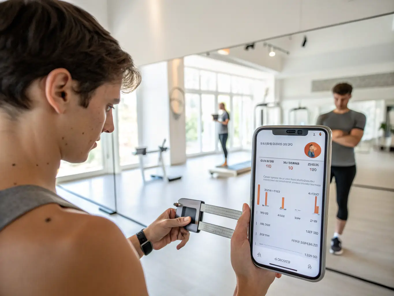A fit individual measuring their waistline with a coach providing guidance via a tablet, illustrating the personalized approach to fat loss coaching offered by Trenmax.