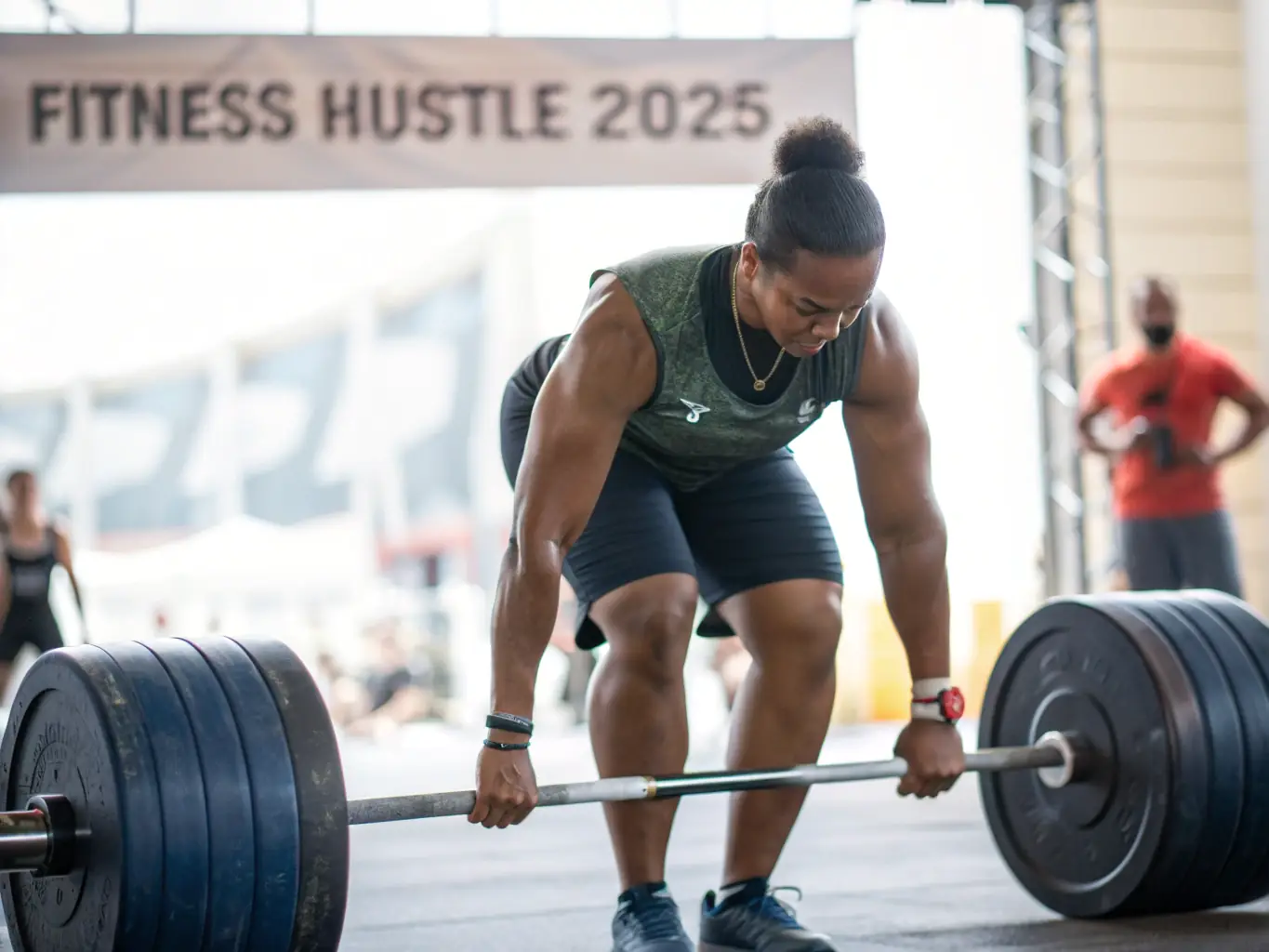 A person lifting weights with proper form, showcasing the muscle gain coaching program. The setting is a well-equipped gym with a motivational atmosphere.
