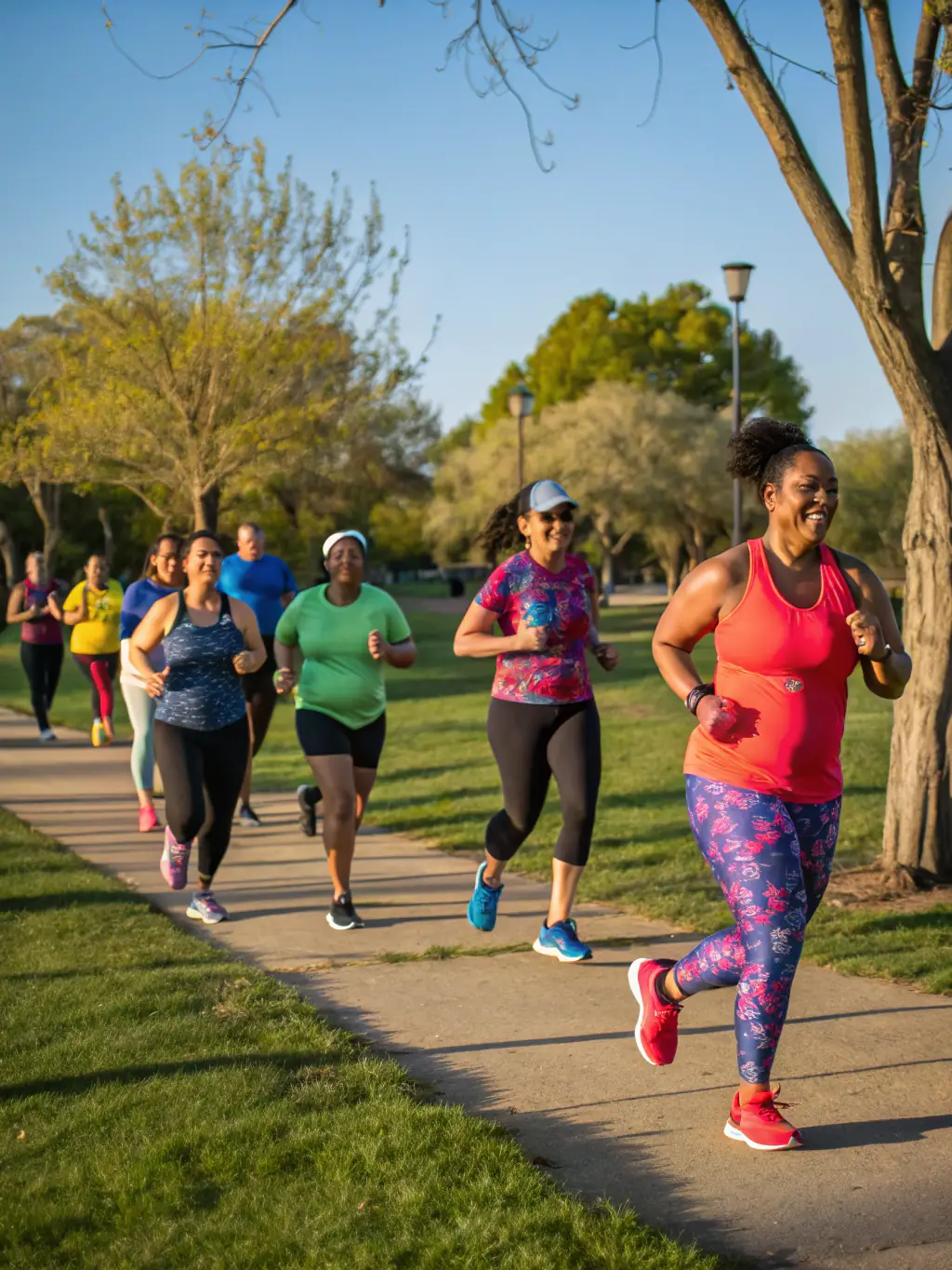 A diverse group of people exercising together outdoors, symbolizing community and shared fitness goals. The image promotes inclusivity and motivation.