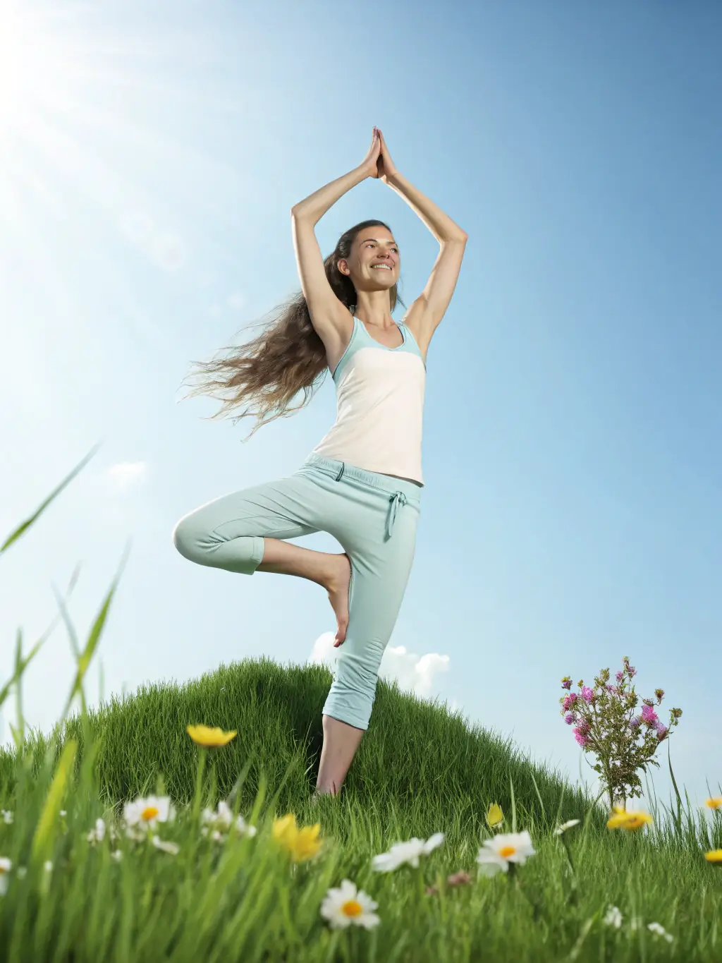 A person practicing yoga outdoors with a coach guiding via video call, illustrating the Wellness & Overall Health program.