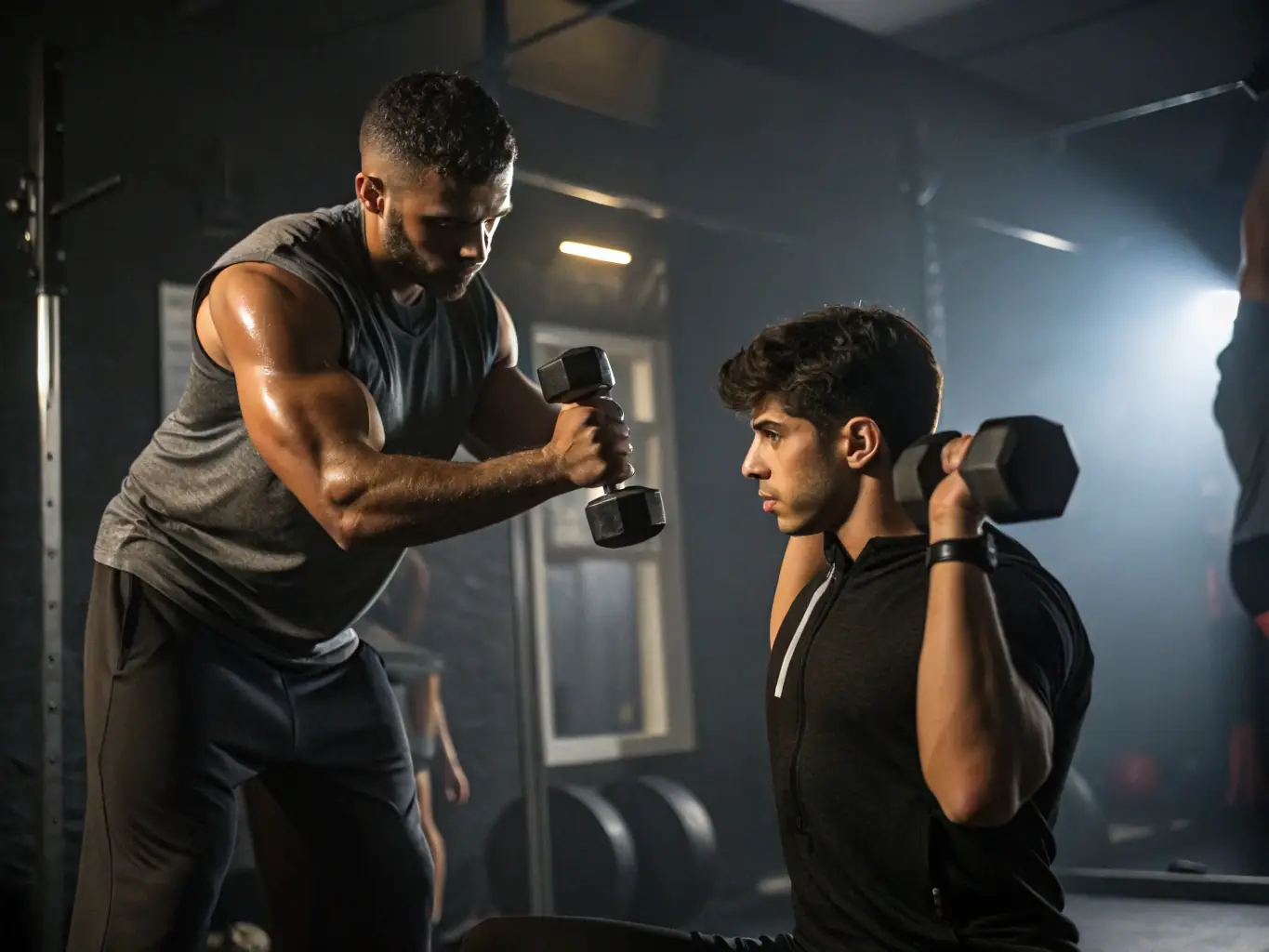 A muscular individual lifting weights with a coach reviewing progress on a laptop, showcasing the muscle gain coaching program at Trenmax.