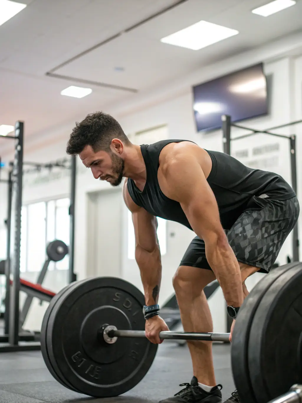 A person lifting weights in a gym, showcasing the muscle gain program. The background is blurred to focus on the individual's form and effort.