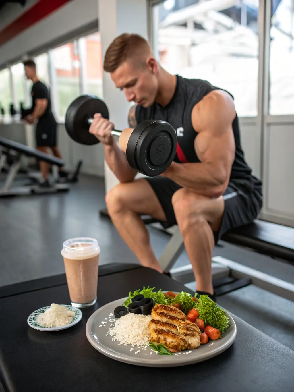 A muscular individual lifting weights with a coach reviewing progress on a laptop, representing the Muscle Gain Coaching program.