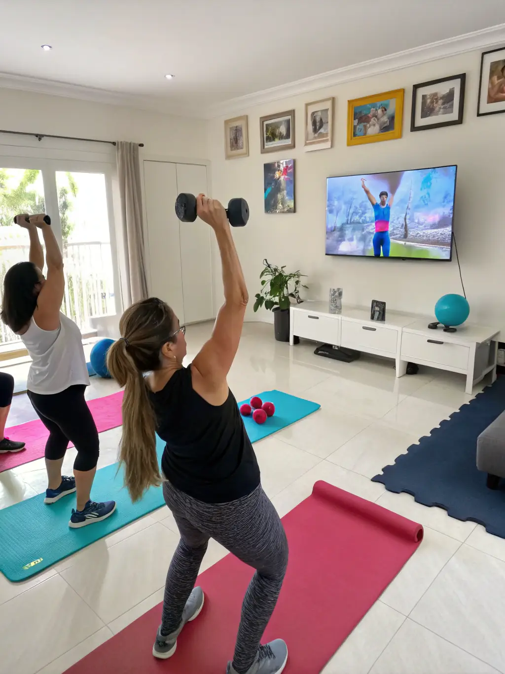 A diverse group of people participating in a virtual fitness class, guided by a Trenmax coach on a large screen.