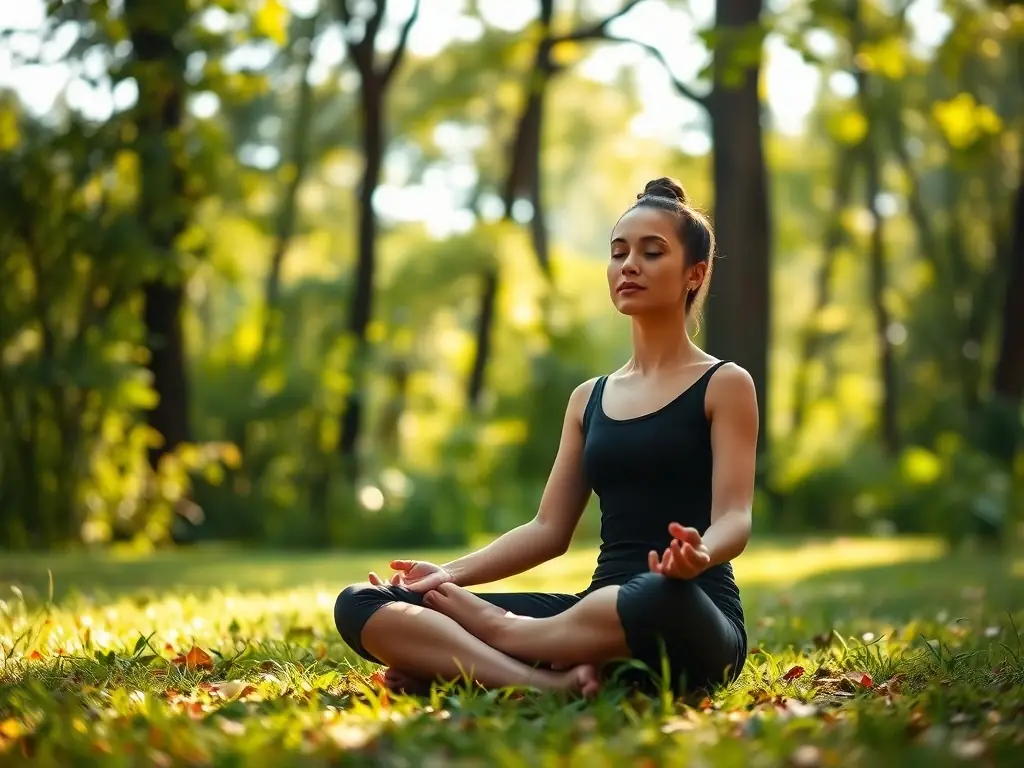A person meditating in a serene environment, symbolizing the wellness and overall health program. The scene is peaceful and promotes a sense of calm.